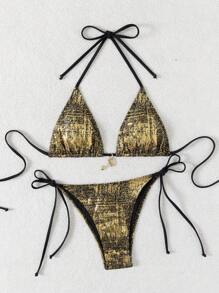 新款时尚闪亮女士三角比基尼优雅系带泳衣分叉领口吊带性感美女沙滩比基尼温泉排队热销泳装度假 - 金色 - 查看 3