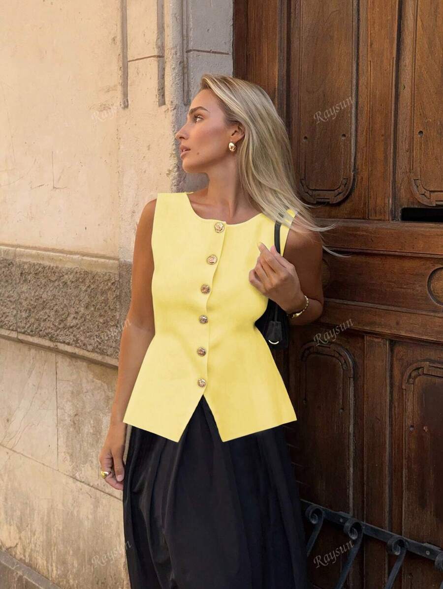 Vintage Chic Fashionable Elegante Metal Botão Frente Aberta Cor Sólida Sem Mangas Gola Redonda Jaqueta de Negócios Colete de Trabalho Slim Modesto Minimalana Casual Top Regata Colete de Malha Suéter para Mulheres