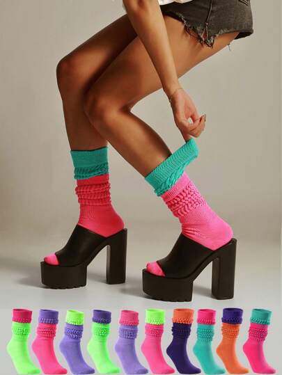 ECIEXI 1 Pair Contrast Color Mid-Calf Socks, Puffy Slouch Socks, Soft Warm Leg Warmers For Spring, Suitable For Daily Wear, Festivals, Parties, Outdoor Sports, Y2k, Cozy