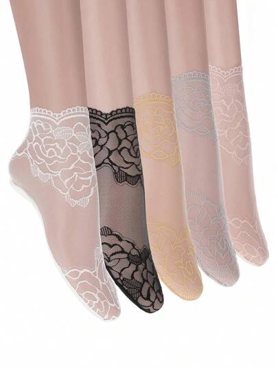 5 Pairs Women's Summer Thin Lace Invisible Socks Silicone Non-Slip No Show Low Cut Socks (Without Cardboard)