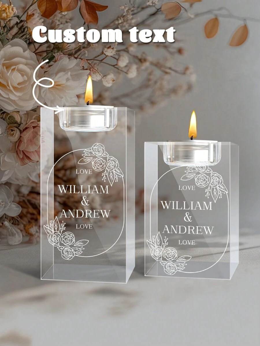 1 Custom-Designed Crystal Candlestick With Text Wedding Design - Personalized Carved Candlestick, A Unique Wedding Keepsake, Made Of High-Quality Crystal, A Romantic Decorative Piece Suitable For Newlyweds. - Multicolor - View 1
