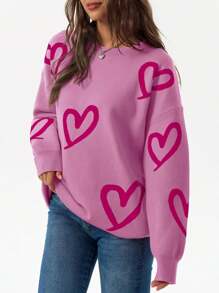 Women's Valentines Day Heart Sweater Oversized Crew Neck Long Sleeve Pullover Knit Sweater - hồng - Xem 5