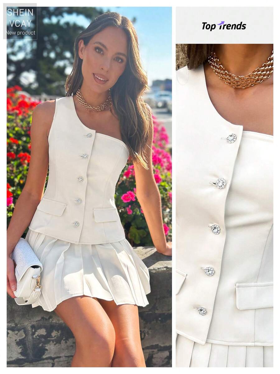 女士不对称背心和百褶裙套装 - 杏色 - 查看 1