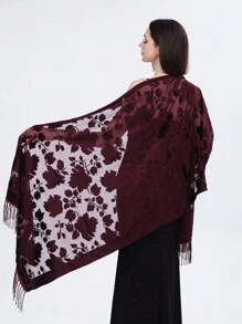 1件装女士酒红色叶子图案手工蕾丝边天鹅绒流苏围巾，时尚百搭新款派对披肩，保暖优雅 - 酒紅色 - 查看 3