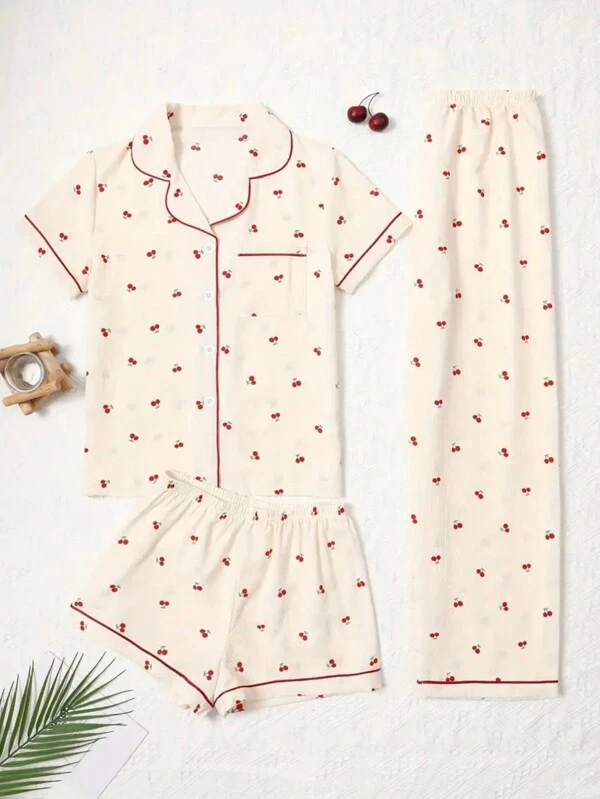 3pcs Set Women Cherry Print Short Sleeve Top, Shorts & Pants Pajamas, Casual Loose Homewear Suitable For Home & Outdoor, Spring/Summer