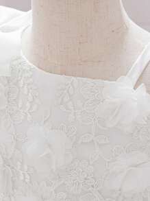 Robe de princesse en maille avec nœud & fleur pour bébé fille, convient pour fête & demoiselle d'honneur, motif de tissu aléatoire, bandeau non inclus - Blanc - Voir 7