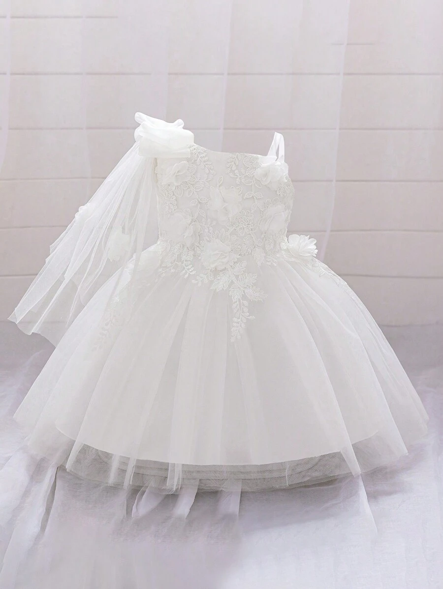 Baby Girls Bow & Flower Mesh Princess Dress, Suitable For Party & Flower Girl, Random Fabric Pattern, Headband Not Included - White - View 1