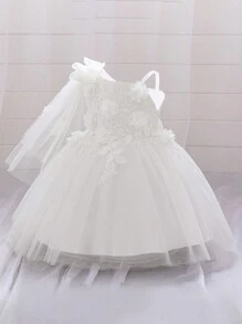 Robe de princesse en maille avec nœud & fleur pour bébé fille, convient pour fête & demoiselle d'honneur, motif de tissu aléatoire, bandeau non inclus - Blanc - Voir 3