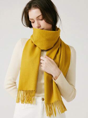 1 件女式加大码芥末黄厚双面仿羊毛围巾，简约优雅时尚男女通用披肩，百搭保暖，适合秋冬季日常使用