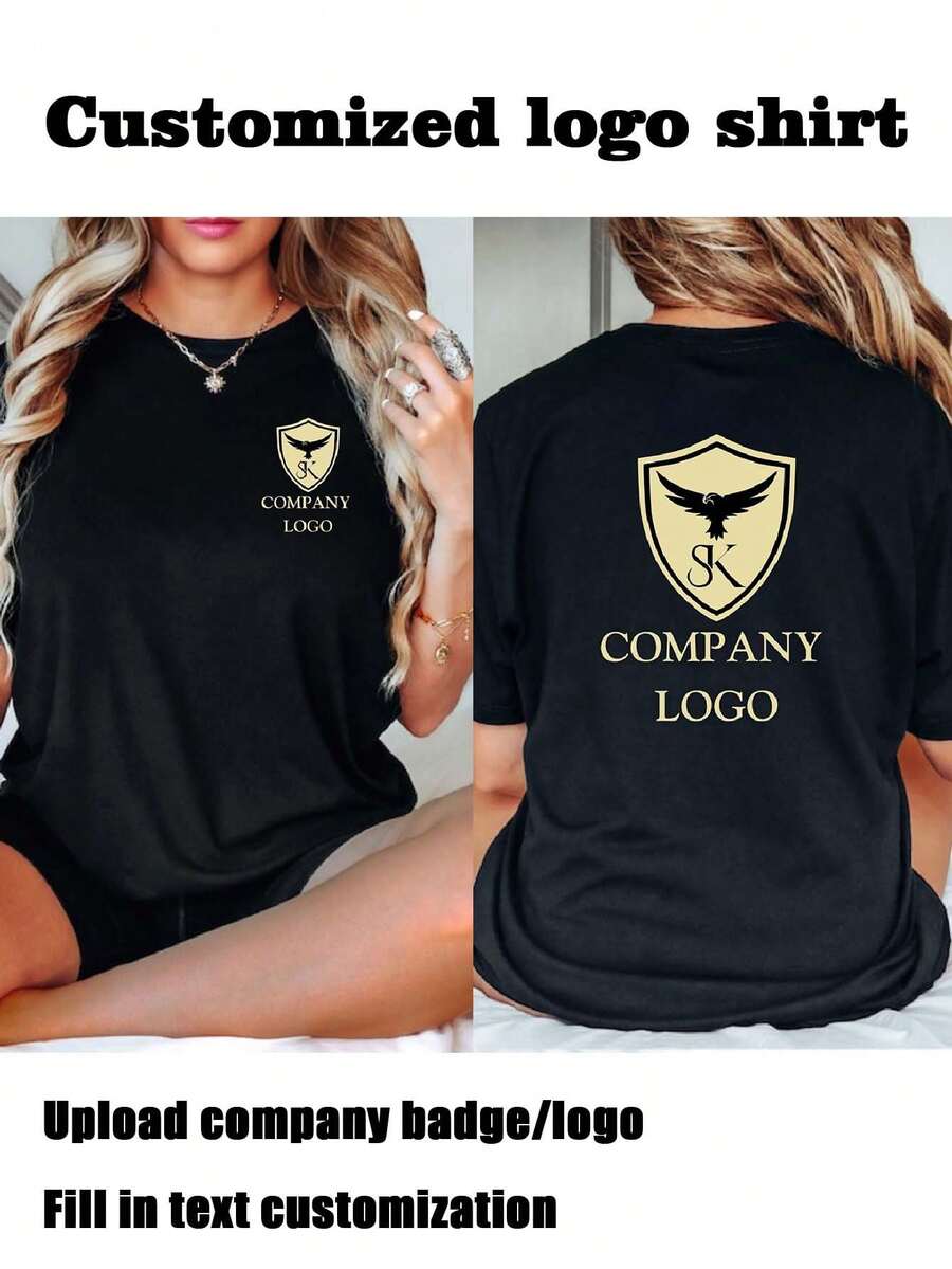 Corporate And Brand Logo Women's T-Shirt, Personalized Corporate Logo T-Shirt, Can Add Text And Photos: Family, Party Photos Casual Black Summer - Black - View 1