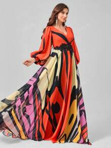 SUPGIR [Random Floral Cutout Print] V-Neck Floral Decor Lantern Sleeve Digital Watercolor Print High-Low Chiffon Party Dress