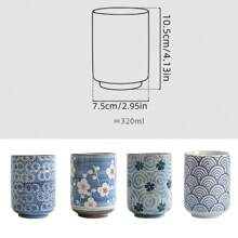 4 stuks 320 ml blauw en wit porseleinen theekopje met geschenkdoos, Japanse stijl handgetekende vriendelijke thee koffie melk wijn sushi mok creatieve familie restaurant decoratie reiscadeau voor vrienden