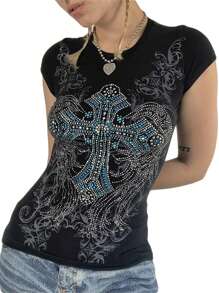 Women Fairy Grunge Tops Y2k Short Sleeve Round Neck Slim Fitted T-Shirt Elastic Rhinestone Retro Graphic Tees Casual Party Streetwear Summer Tops Teen Girl Vintage Aesthetic Clothes 2000s - 黑色 - 查看 2