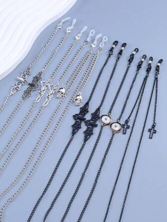 3pcs Fashion Metal Chain Bat, Cross, Skull Pendant Glasses Chain