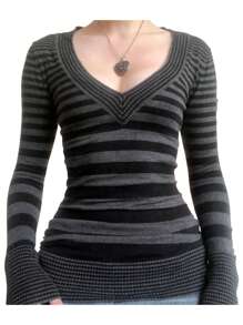 Women Fairy Grunge Knitted Tops Y2k Gothic Spring Autumn Slim Fit Tight Shirt Knitwear Long Sleeve V Neck Striped Knit Tops Sweater Vintage Aesthetic Clothes E-Girls Streetwear 2000s - màu đen - Xem 2