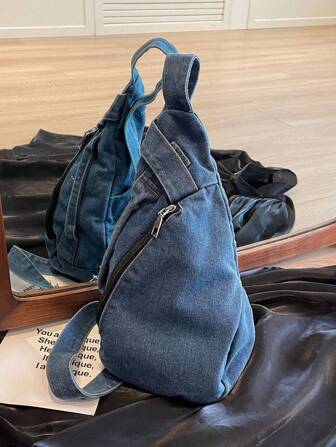 1 件女士牛仔复古风格学生胸包，多拉链不对称便携式手机手提包，学院风单肩包，运动型摩托车骑行前袋，可调节肩带且耐磨