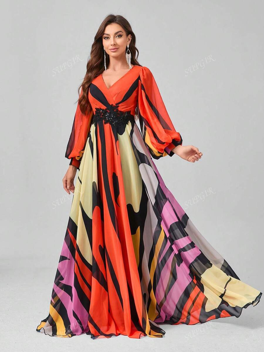 SUPGIR [Random Floral Cutout Print] V-Neck Floral Decor Lantern Sleeve Digital Watercolor Print High-Low Chiffon Party Dress