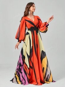 SUPGIR [Random Floral Cutout Print] V-Neck Floral Decor Lantern Sleeve Digital Watercolor Print High-Low Chiffon Party Dress