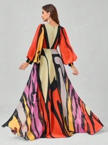 SUPGIR [Random Floral Cutout Print] V-Neck Floral Decor Lantern Sleeve Digital Watercolor Print High-Low Chiffon Party Dress