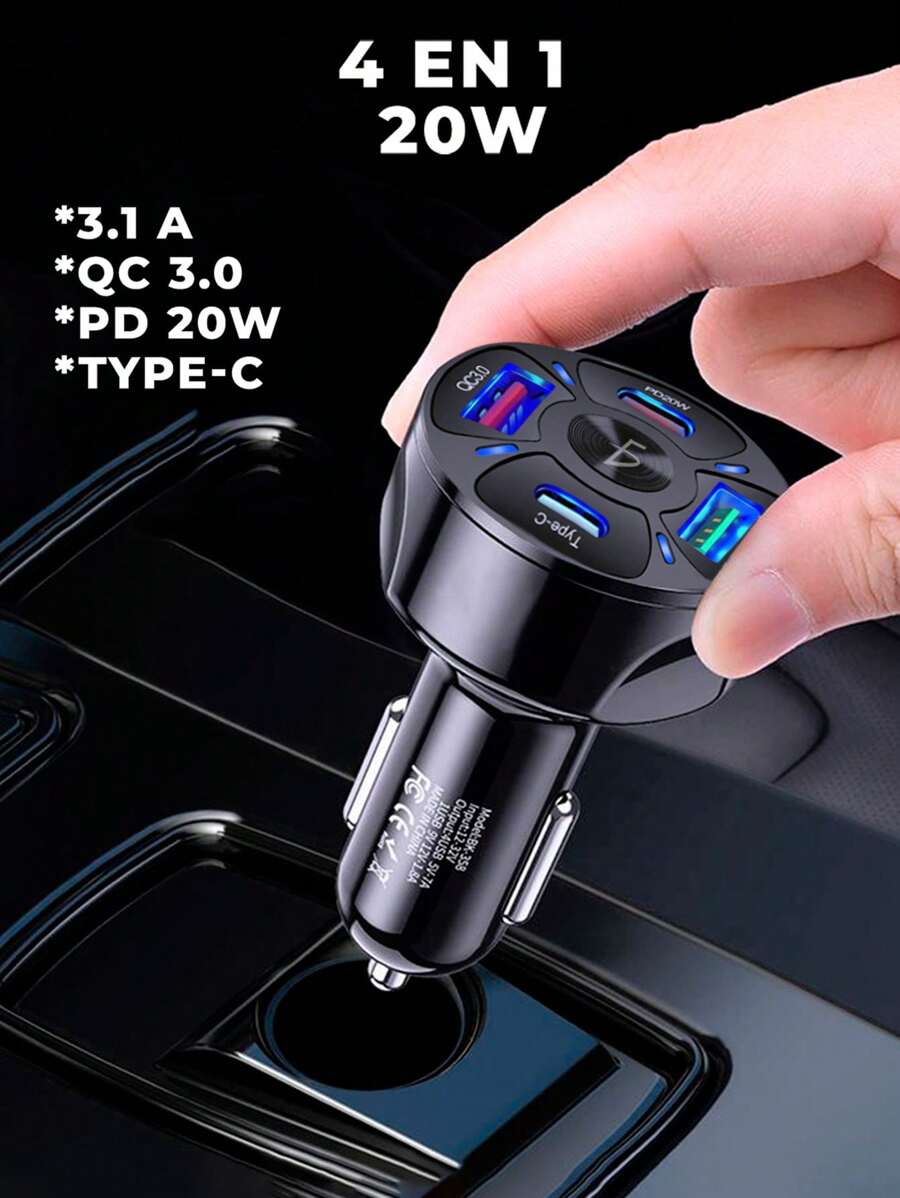 Multicargador CH.99 para Automovil Coche QC3.0 PD 20W USB3.1A Tipo C 4 en 1 Carga Super Rápida Inteligente ELE-GATE - Blanco y Negro - Ver 1