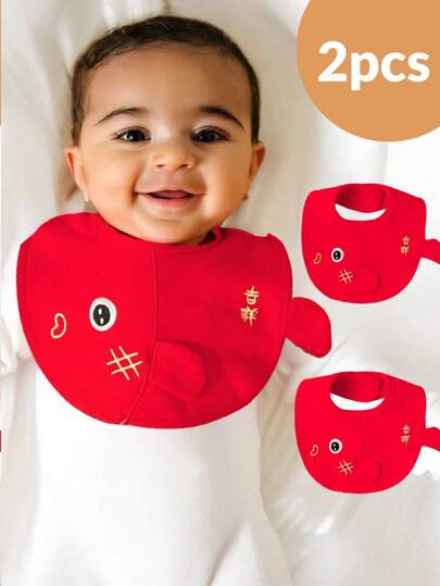 momscare 2pcs Baby Bibs Red New Year Festive Style Fish Pattern Baby New Year Gift