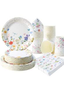 花卉图案纸盘、餐巾和纸杯，白色底座，一次性派对套装，可供 25 位客人使用，适合生日派对、家庭野餐