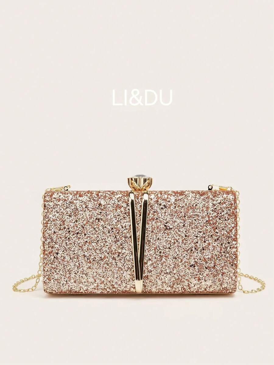 Metal Chain Simple Practical Multi-Function Clutch Bag - Rose Gold - View 1
