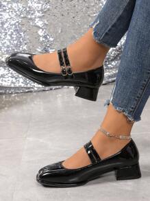 Women's Fashion Buckle Comfortable Glossy Chunky Heel High Heels, Black Patent Leather Mary Janes Shoes With School Style, Suitable For All Seasons