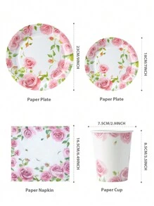 Set de vajilla desechable de 25 piezas con estampado de rosas en acuarela, que incluye platos de papel, servilletas y vasos, adecuado para fiestas de cumpleaños, picnics familiares, bodas y otras reuniones