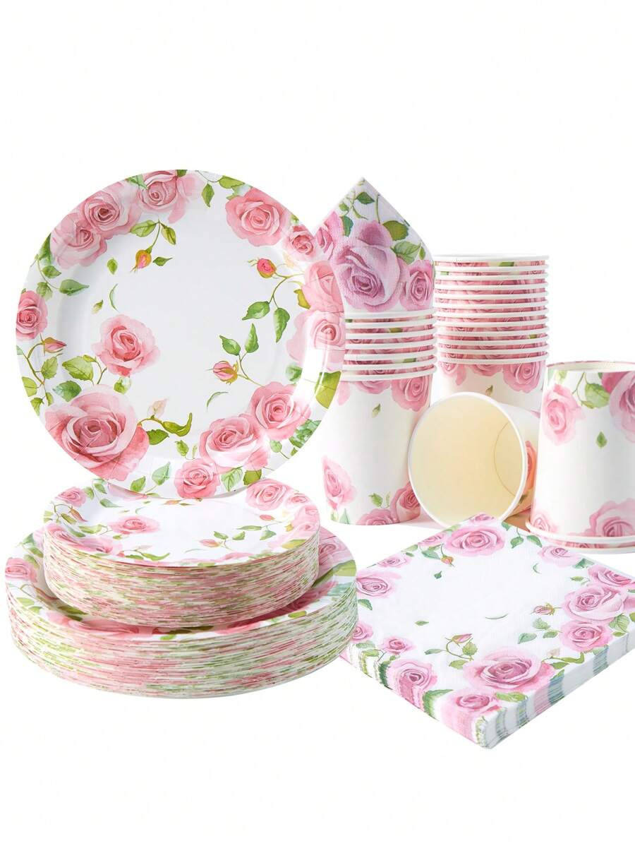 Set de vajilla desechable de 25 piezas con estampado de rosas en acuarela, que incluye platos de papel, servilletas y vasos, adecuado para fiestas de cumpleaños, picnics familiares, bodas y otras reuniones
