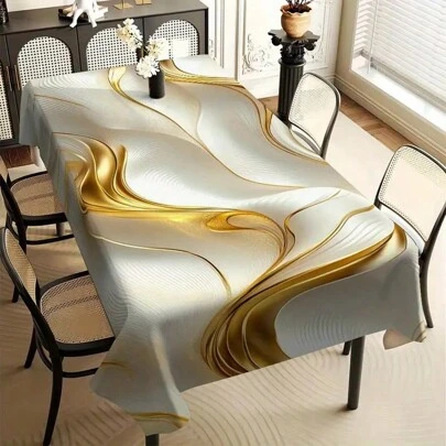 1pc Luxury Gold & White Patterned Tablecloth, Rectangle - 100% Polyester, Waterproof & Oil Proof, Woven Tablecloth, Suitable For Restaurant, Office, Desk - Home Decor