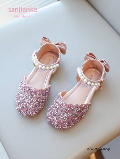 Novos Sapatos de Princesa para Meninas com Bico Fechado, Strass, Pérolas, Lantejoulas, Design de Laço, Sapatos Planos para Crianças, Adequados para Feriados, Festas, Apresentações e Uso Casual