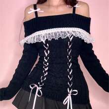 Womens Off The Shoulder Sweater Fall Long Sleeve Lace Trim Going Out Y2k Tops Winter Date Night Outfits - 黑色 - 查看 2