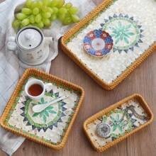 1 pieza Bandeja/Organizador cuadrada multiusos de ratán tejida a mano en estilo bohemio, adecuada para restaurante/picnic al aire libre, almacenamiento en el hogar, decoración de bodas, plato de frutas