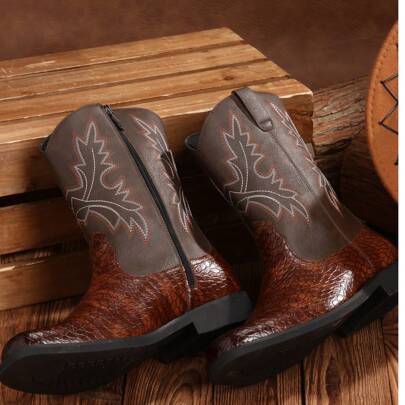 Casual Men's Western Boots: Featuring Retro Embroidery, Square Toe, Thick Heel, And Wide Calf Fit For Easy Wearing.