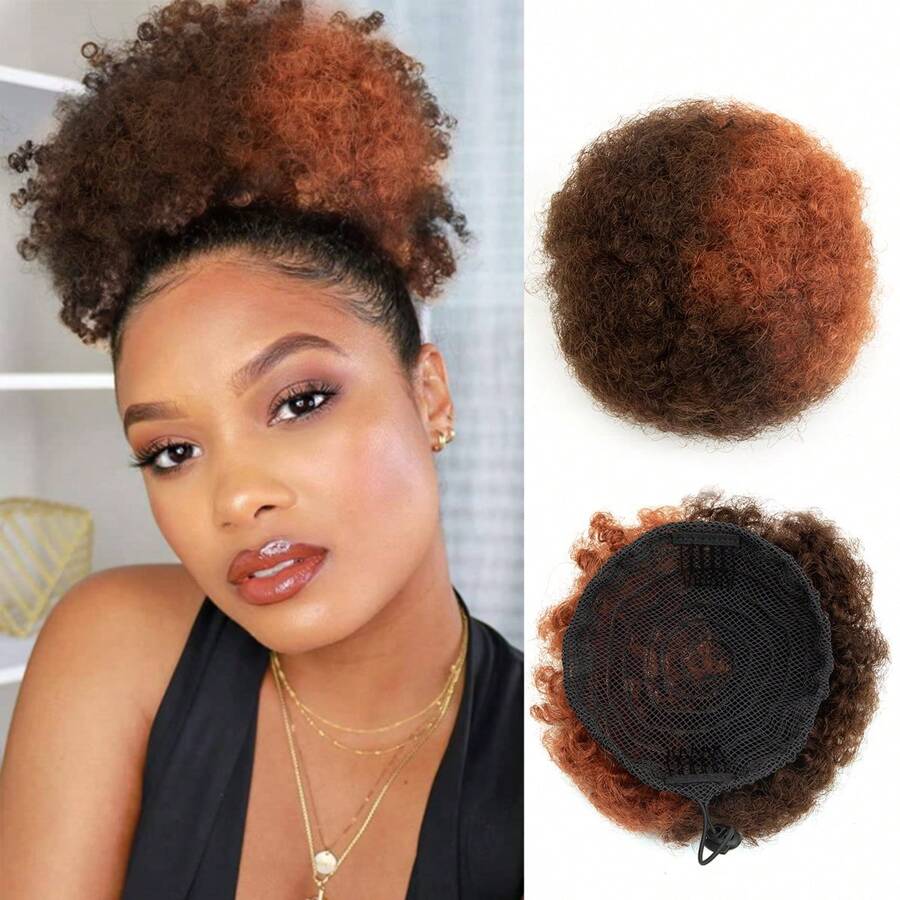 Afro Puff Ponytail 4-6 Inch 100% Human Hair Puff Ponytail Hair Extensions Clip On Kinky Drawstring Curly Ponytail Bun Durable Natural Soft And Smooth Hairpiece Kinky Curly Bun Hair Clip In Drawstring Curly Ponytail Bun - #P4-30 - View 1