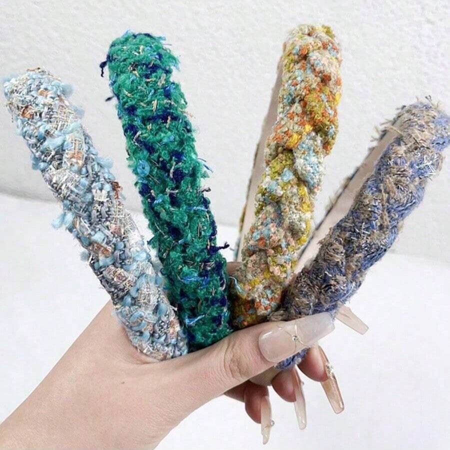 秋冬复古高颅顶发箍韩国新款秋冬粗羊毛格子麻花头箍压发夹 - 彩色 - 查看 1