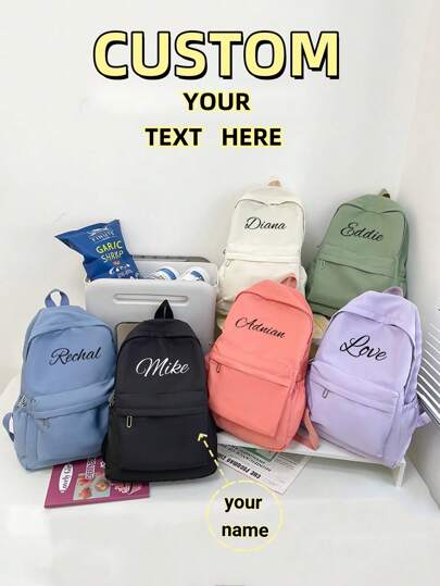 Anpassa din egen ryggsäck med personligt namn eller julhälsningar. Skapa din egen ryggsäck. Denna nya ryggsäck för skolstartssäsongen har en nylondragkedja, är avslappnad i enfärgad, enkel och mångsidig, lämplig för tonåringar, du kan trycka ditt namn, bokstäver, lyckonummer etc., elegant höst, barn, anpassad barnväska, julklappstillbehör