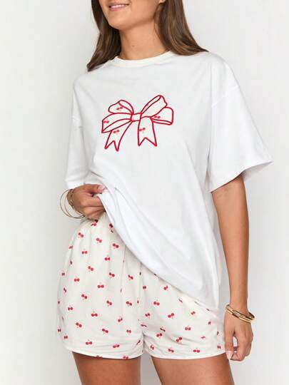 Women's Oversized T-Shirts Fashion Short Sleeve Round Neck Bow Embroidery Tops Summer T-Shirts