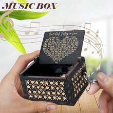 Vintage Wooden Hand-Cranked Music Box, Engraved "Can't Help Falling In Love" Melody, Romantic Gift For Lover, Husband, Wife, Girlfriend, Boyfriend, Anniversary, Wedding, Home Decor, Black