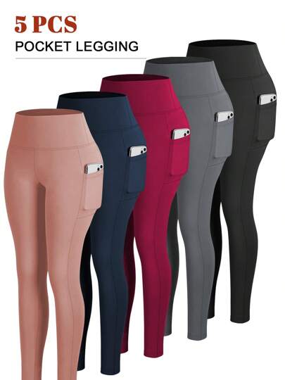 5pcs Pink Women Legging With Pocket Full Stretch High Waist Tummy Control Workout Yoga Pants