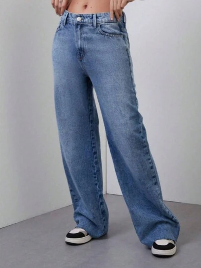 Jeans Casual De Pierna Ancha Con Bolsillos Para Mujer Pantalón