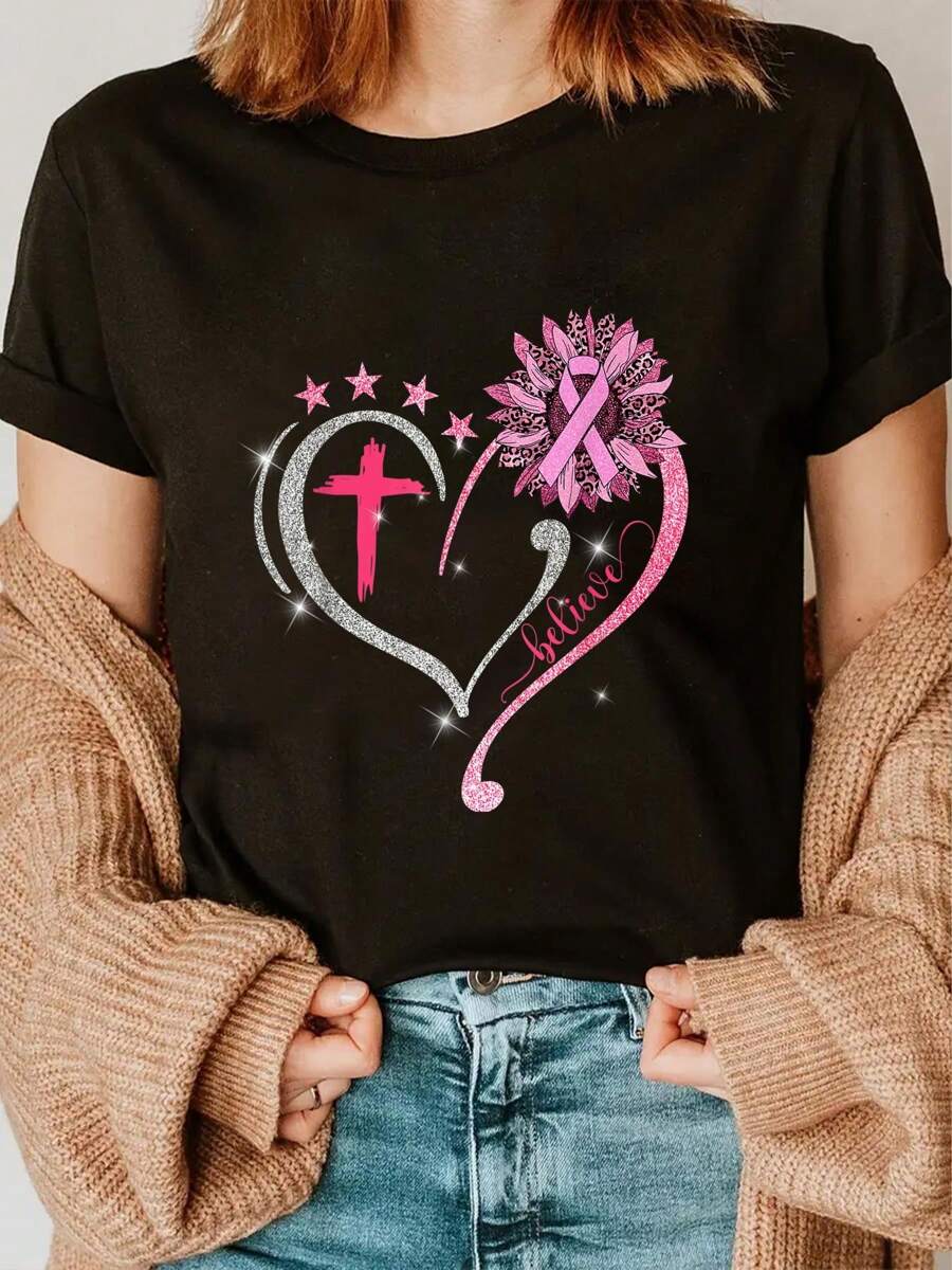 Breast Cancer Awareness Sunflower Believe Pink Ribbon Women T-Shirt Round Neck Short Sleeve T-Shirt Women's Men's Graphic Tee
