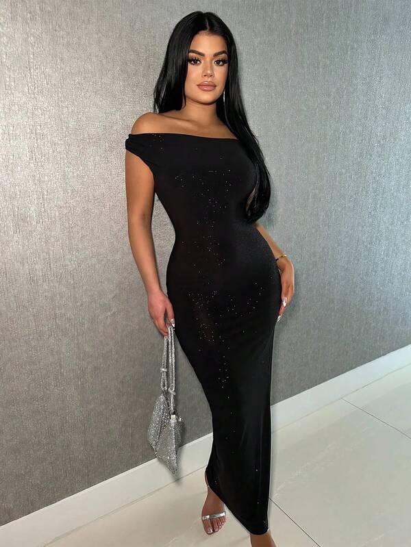 Off-Shoulder Glitter Fitted Bodycon Party Dress, Wedding Guest Cocktail Dress