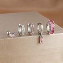 Conjunto de 5 piezas de pendientes con aro en cascada con colgante cuadrado enchapado en oro de 18K, para mujer. Incluye pendientes de cartílago con cubic zirconia rosa, de cobre y acero inoxidable