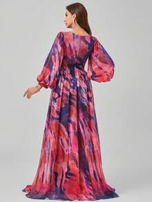 SUPGIR [Random Pattern Cut Watercolor] V-Neck Chiffon Lantern Sleeve Pleated Waist Decor Buttons Ruffle Hem Dress - Multicolor - View 2