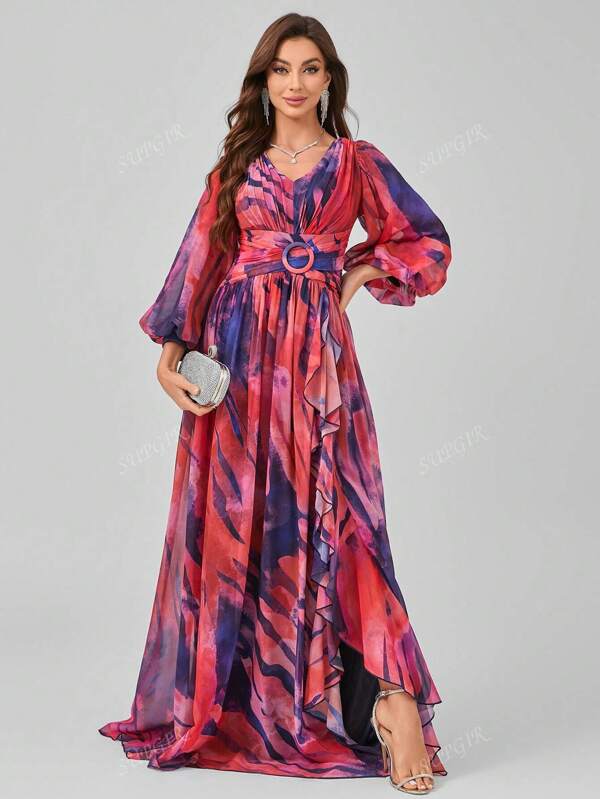 SUPGIR Vestido con escote en V, manga farol de gasa, cintura plisada, decoración de botones, volantes en el bajo, con estampado de acuarela de patrones aleatorios