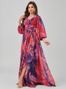 SUPGIR [Random Pattern Cut Watercolor] V-Neck Chiffon Lantern Sleeve Pleated Waist Decor Buttons Ruffle Hem Dress - Multicolor - View 4