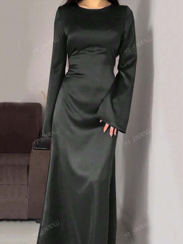 Women's Round Neck Flare Sleeve Tied Elegant Arabic Style Dress,Modest