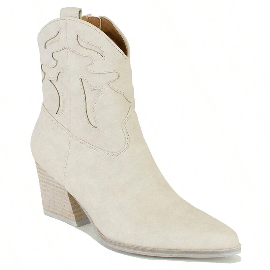 Women's Western Booties Intricate Stitching Ankle Boots Cowgirl Boots Pointed Toe Boots Stacked Heel Boots - 奶油白 - 查看 1